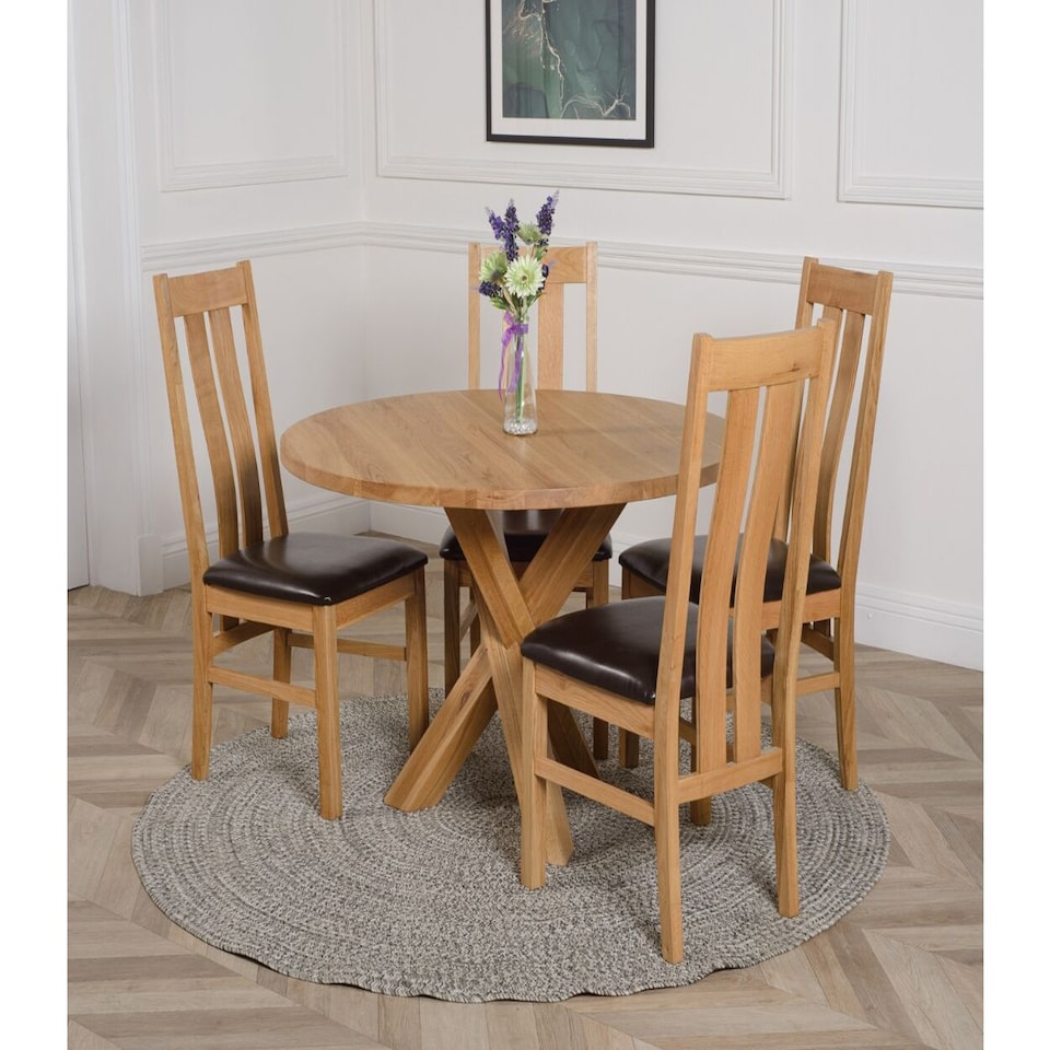 image 1 of Oregon Round Oak Dining Table and 4 Princeton Chairs | Brown | Brown | 1