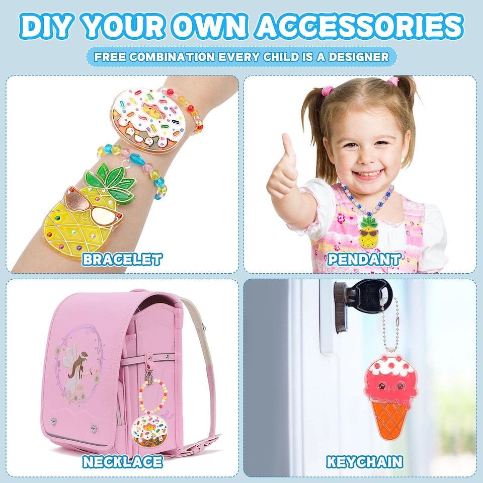 image 1 of DIY Crystal Jewelry Craft Set for Girls Air Dry Crystal Glue Painting Kit with Cartoon Pendants | Pink