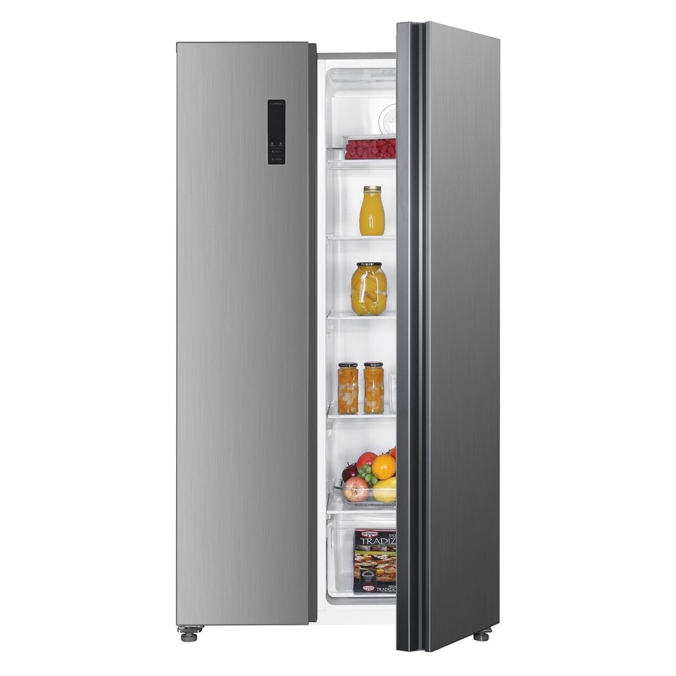 Statesman SBS177X American Side by Side Fridge Freezer, LED Door Display, 3 Glass Shelves, 2 Freezer Drawers, Open Door Alarm, Reversible Doors, 347L Fridge, 186L Freezer, Inox, Silver