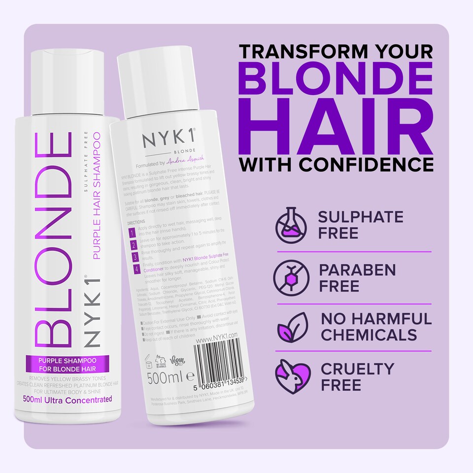 image 1 of NYK1 Blonde - Purple Shampoo for Blonde Hair (500ml) Neutralises Yellow and Brassy Tones