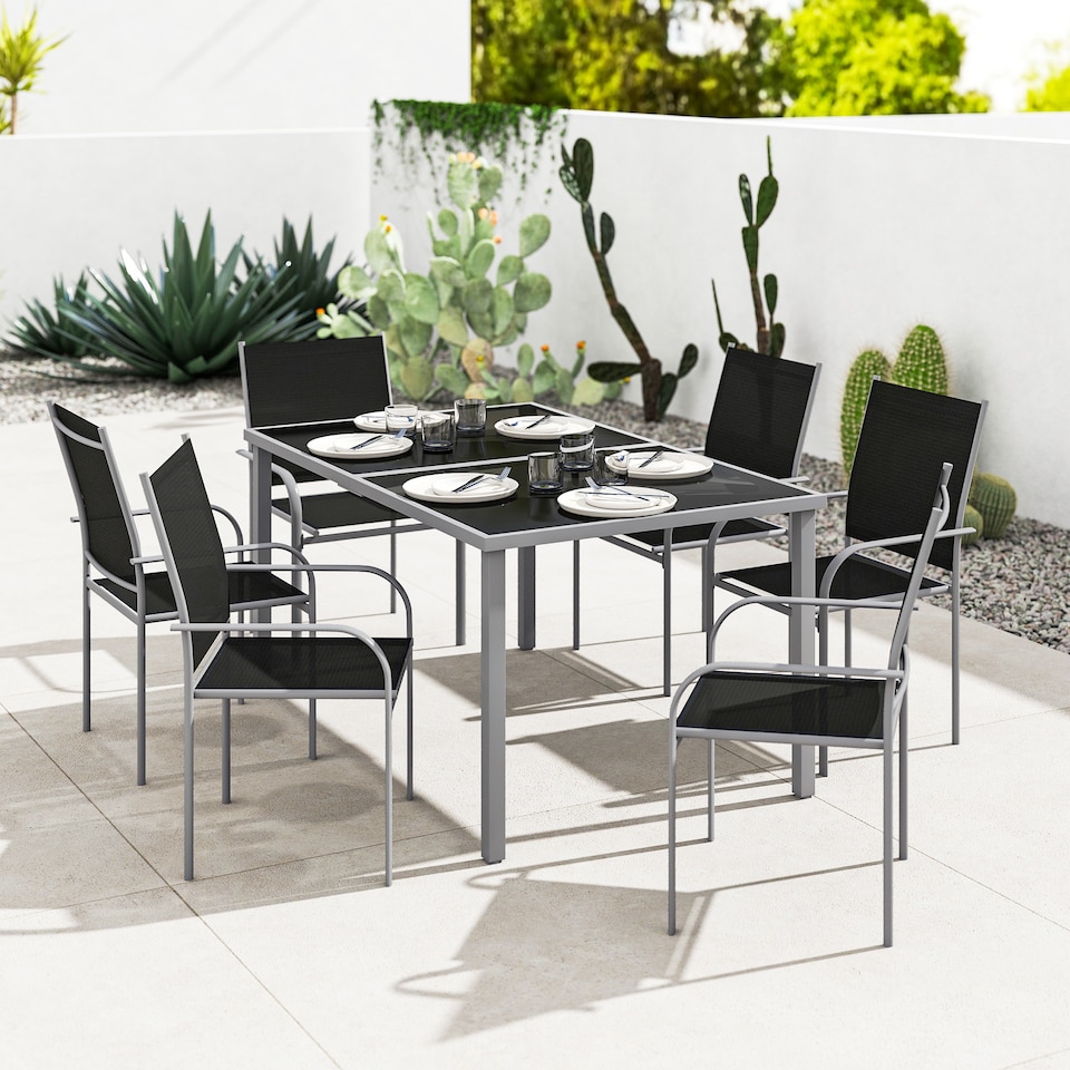 image 1 of Outsunny 7 Piece Garden Dining Set, Outdoor Table and 6 Stackable Chairs, Steel Frame, Tempered Glass Top Table, Mesh Seats, Black