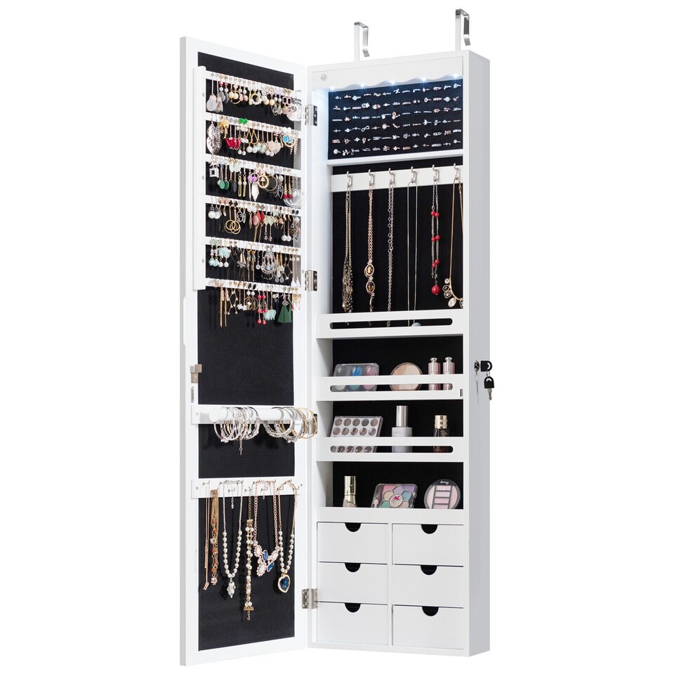 image 1 of COSTWAY Jewelry Cabinet Lockable Wall/Door Mounted Jewelry Armoire 5 LED Light Xmas Gift