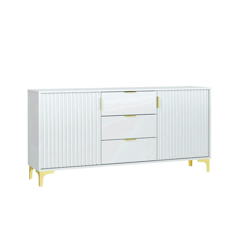 image 1 of Bold sideboard 140cm white ribbed fronts gold accents White