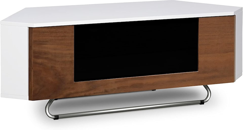 image 1 of Centurion Supports Hampshire Corner-Friendly Gloss White with Walnut Contrast Beam-Thru Remote Friendly Door 26"-50" Flat Screen TV Cabinet | White | Walnut | 1