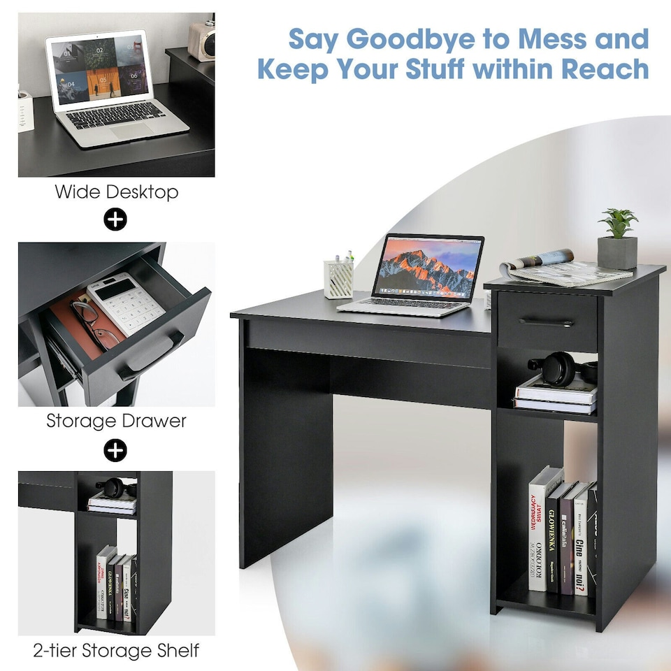 image 1 of COSTWAY Computer Desk with Drawer Compact Study Desk Black Black