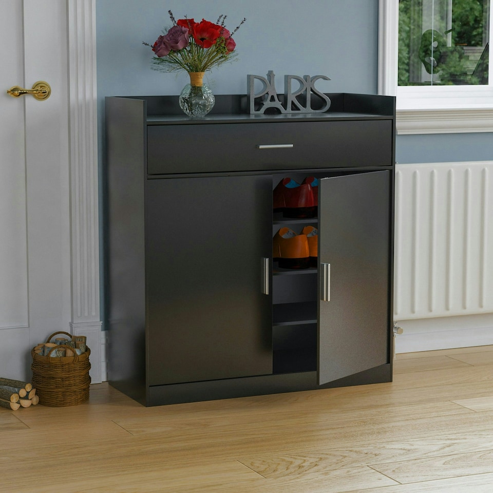image 1 of Vida Designs Dalby 2 Door 1 Drawer Shoe Cabinet Shoe Rack Storage Cupboard, Black