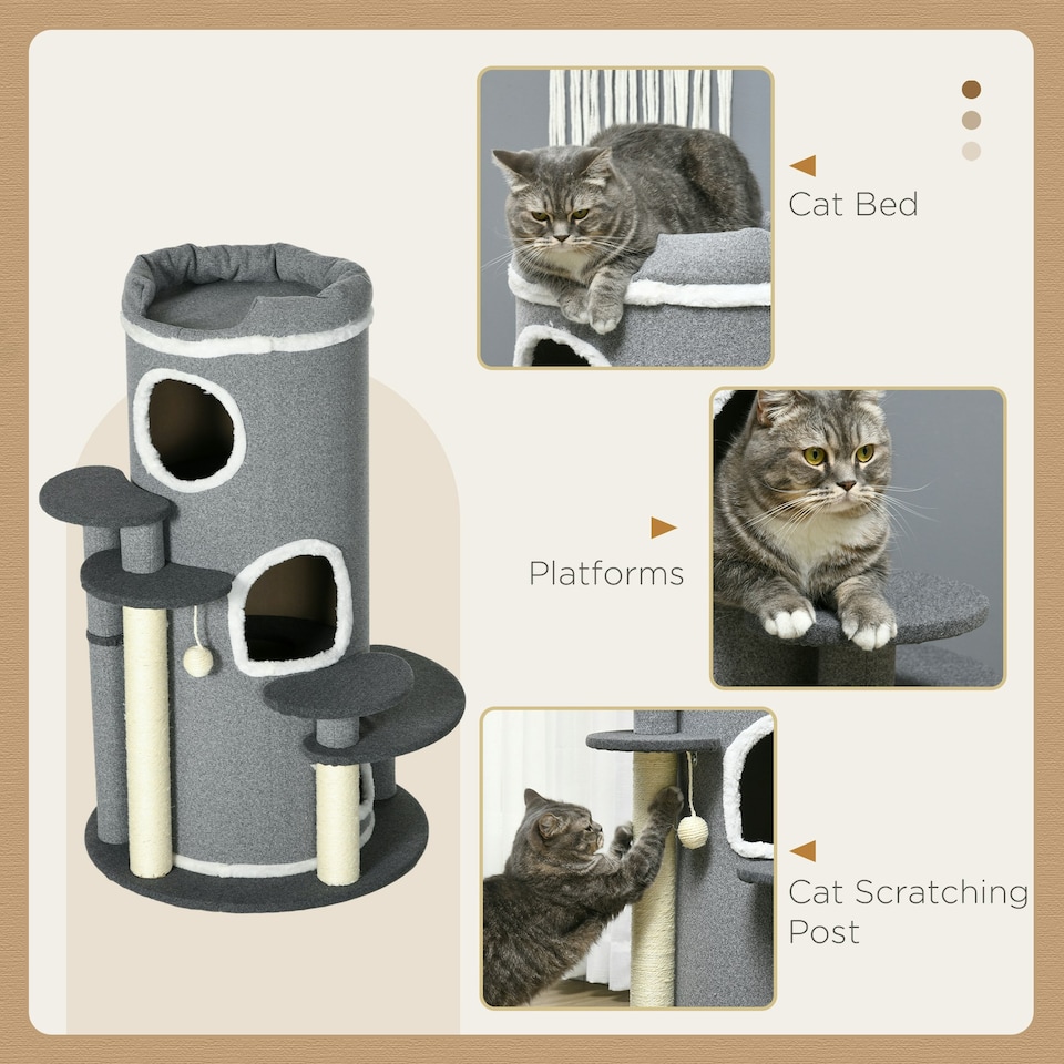 image 1 of PawHut 3 Tier Barrel Cat Tree with Sisal Scratching Post Cat Bed, Grey