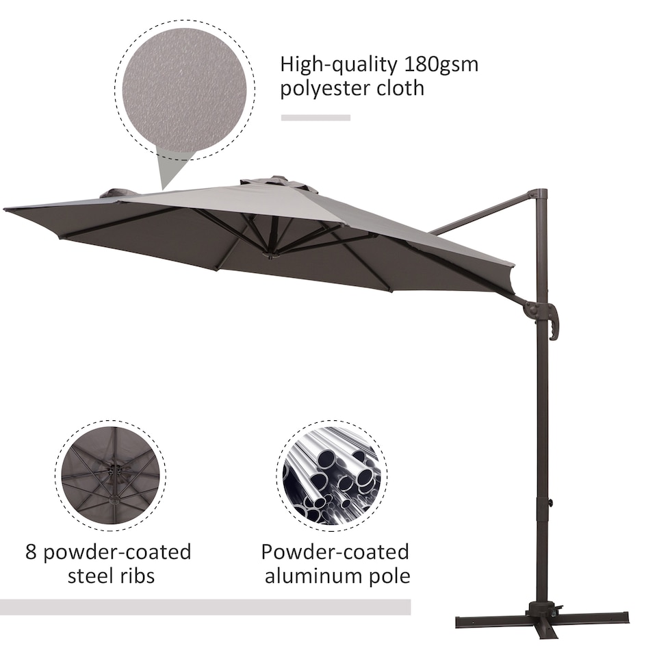 image 1 of Outsunny 3M Cantilever Parasol, Hanging Garden Umbrella Sun Shade with 360 Rotation, Aluminium Frame, Cross Base, Hand Crank, Grey