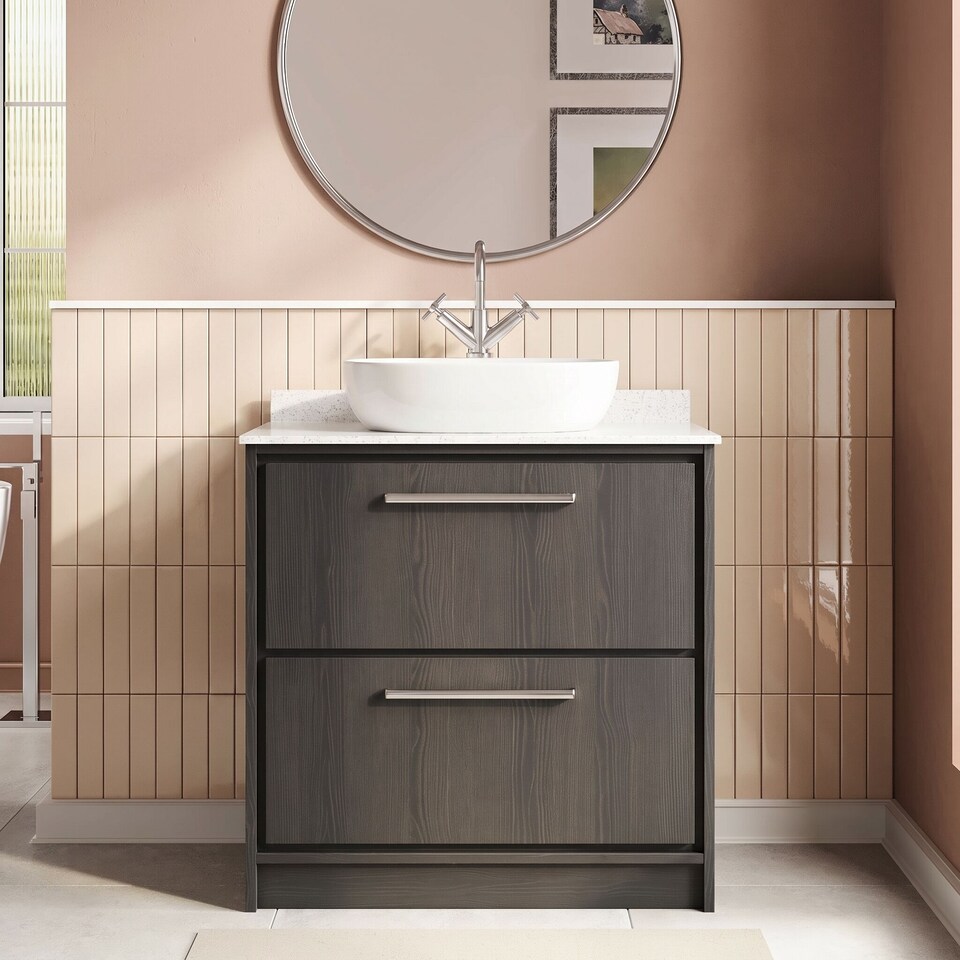 image 1 of Balterley Longnor 2 Drawer Floor Standing Vanity Unit with Square Basin and Marble Worktop, Woodgrain Graphite Grey, 800mm