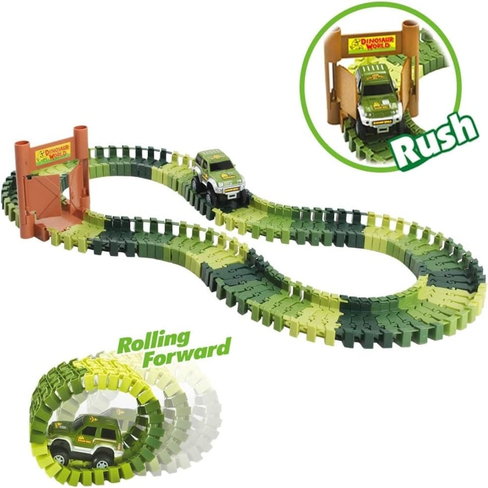 image 1 of Dino World Flexible Slot Car Race Track Set – 144-Piece Dinosaur Track Playset with Battery-Operated Car, Light-Up Features, Bridges & Accessories