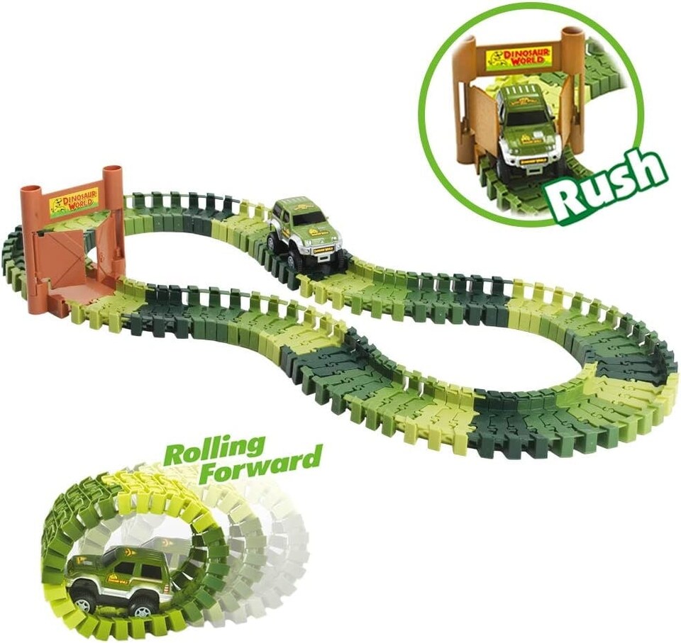 image 1 of Dino World Flexible Slot Car Race Track Set – 144-Piece Dinosaur Track Playset with Battery-Operated Car, Light-Up Features, Bridges & Accessories