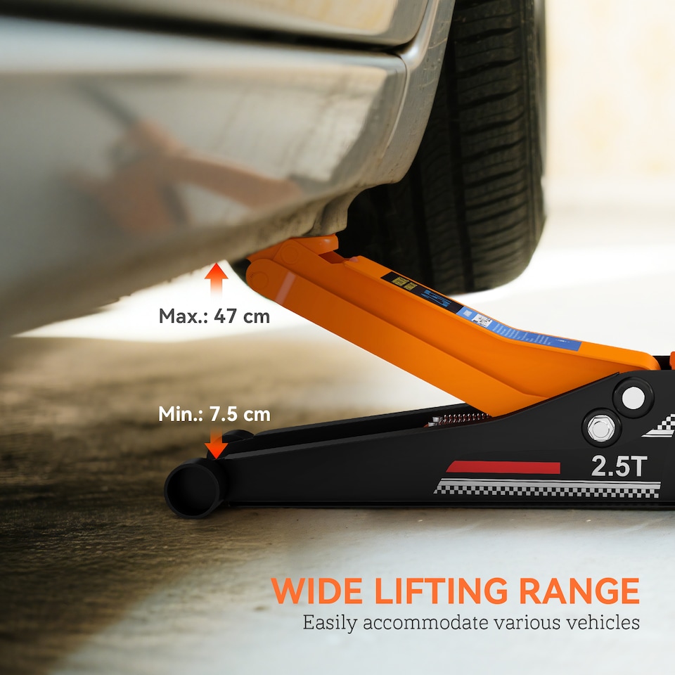 image 1 of HOMCOM 2.5 Ton Hydraulic Low Profile Floor Jack, Heavy Duty Car Trolley Jack Lift with 7.5-47cm Lifting Range, Dual Piston Pump, Wheels, Non-slip Handle for Car Van Garage Tyre Repair Change, Orange