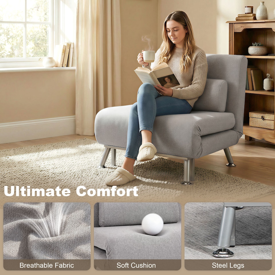 image 1 of HOMCOM Folding 5 Position Convertible Sleeper Chair Sofa Bed Grey Silver