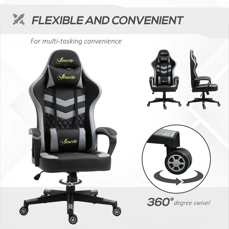 image 1 of Vinsetto Racing Gaming Chair w/ Lumbar Support, Swivel Wheels, Black Grey