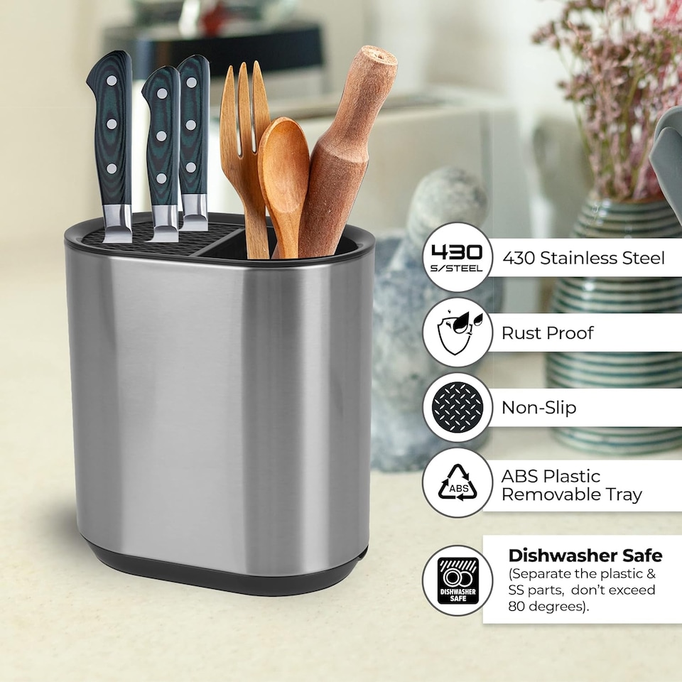 image 1 of Kitchen Knife Block and Utensil Holder Storage Caddy Stainless Steel