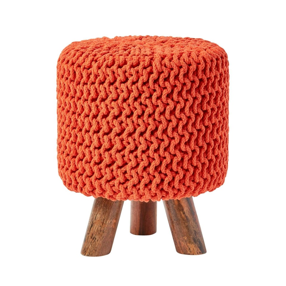 image 1 of Homescapes Burnt Orange Tall Cotton Knitted Footstool on Legs