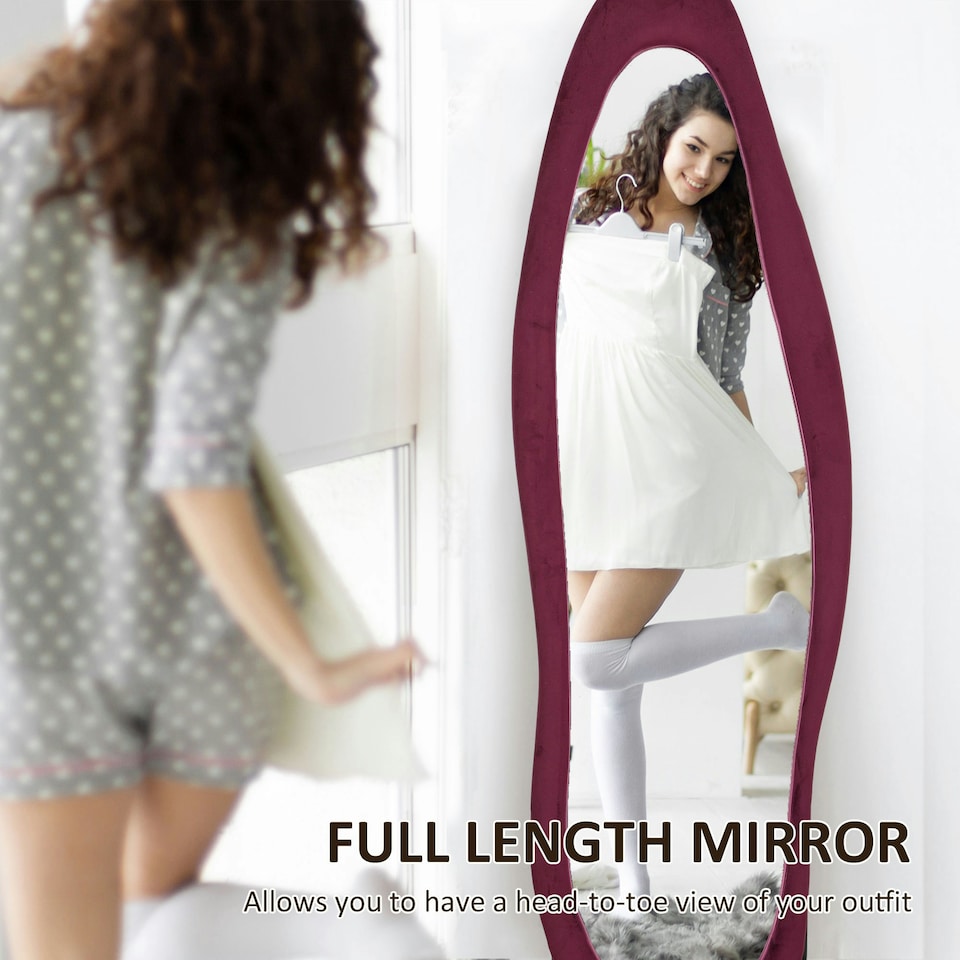 image 1 of HOMCOM Irregular Full Length Mirror with Velvet Frame 160 x 50cm Wine Red