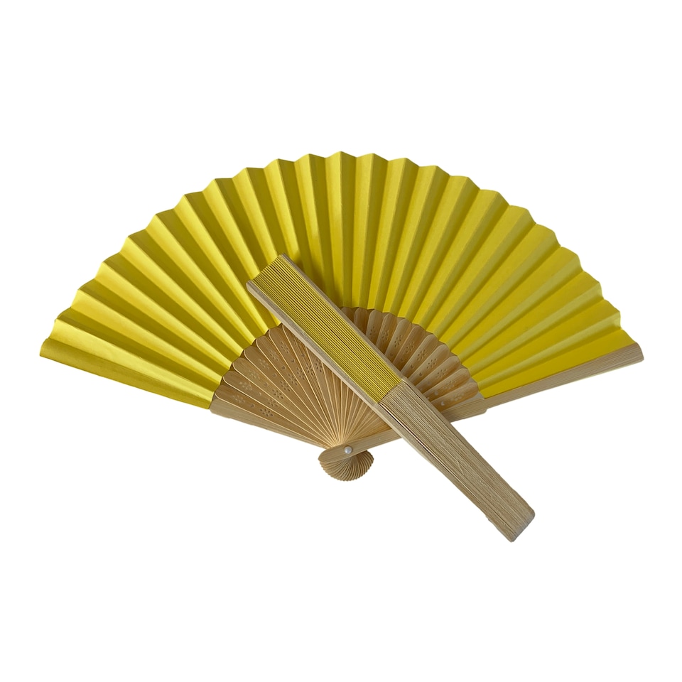 image 1 of Yellow Paper Foldable Hand Held Bamboo Wooden Fan