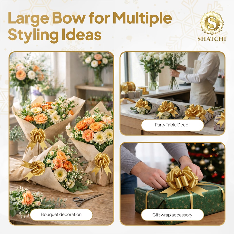 image 1 of 10pcs Gold 30mm/3cm Large Ribbon Pull Bows for Gift Wrapping, Hampers, Florist Bouquets, Wedding Cars and Party Décor Pullbow