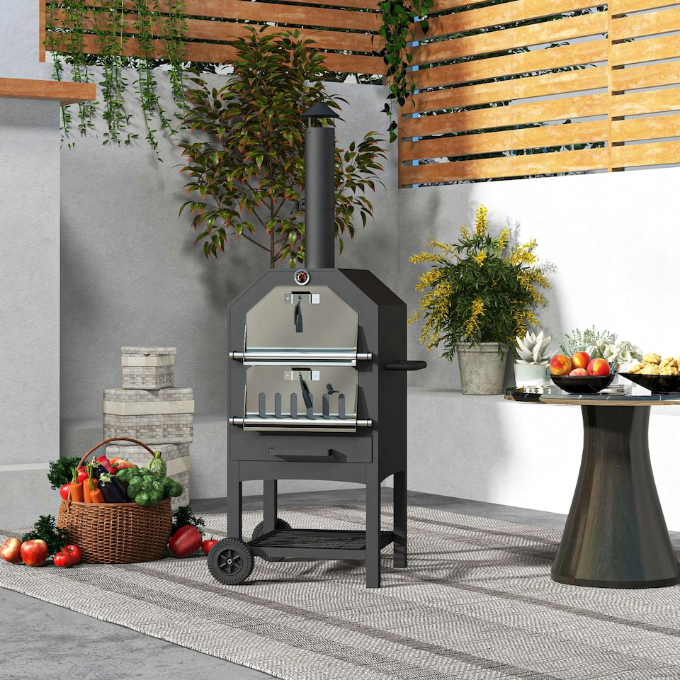 image 1 of Outsunny Outdoor Pizza Oven Charcoal Grill with Rain Cover, Shelf and Wheels