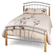 4ft6 Double Silver metal tubular bed frame, beech wood finish corner posts.Strong sturdy frame bedstead base | Multi | Silver & Beech | Double