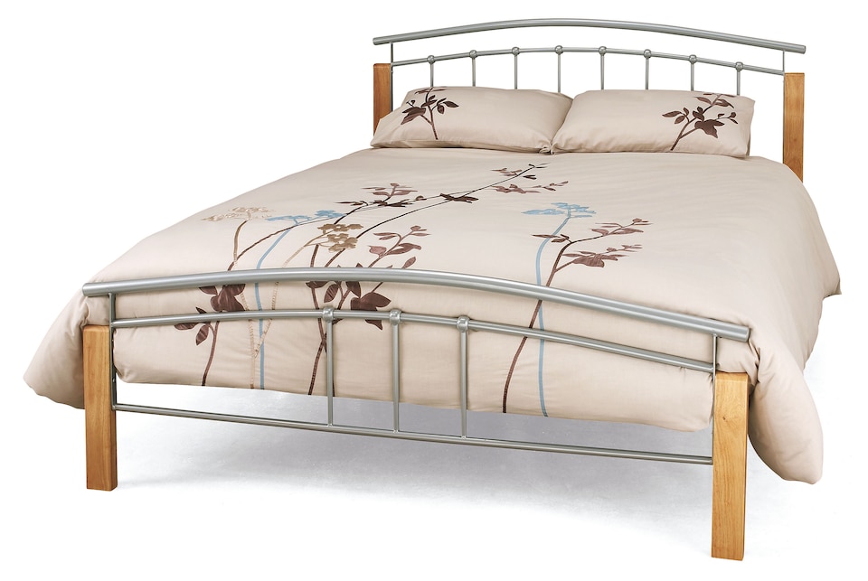 image 1 of 4ft6 Double Silver metal tubular bed frame, beech wood finish corner posts.Strong sturdy frame bedstead base | Multi | Silver & Beech | Double