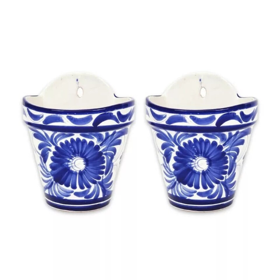image 1 of Verano Spanish Ceramics Set of 2 Hanging Plant Pots - 22cm Blue Floral Blue