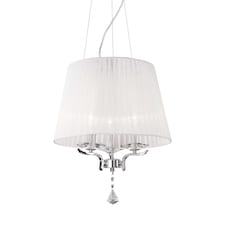 Pegaso 3 Light Multi Arm Ceiling Pendant Chrome, White with Crystals with Organza Shade, E14