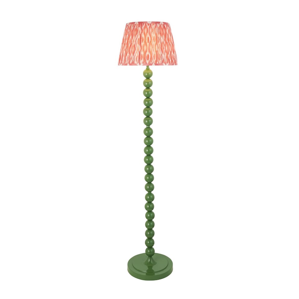 image 1 of Higgledy Gloss Cotswold Green Paint Floor Lamp with Coral Pink Fabric Ikat Shade 35cm E27