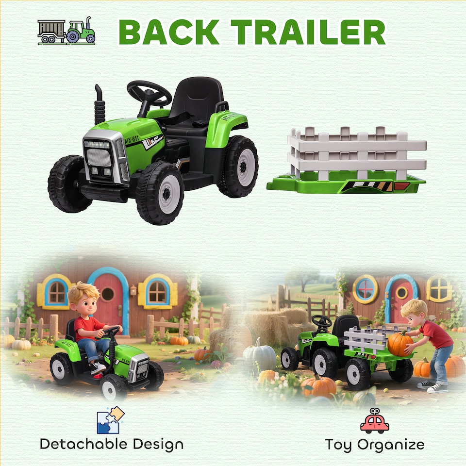 image 1 of HOMCOM Ride On Tractor with Detachable Trailer, Remote Control, Music - Green