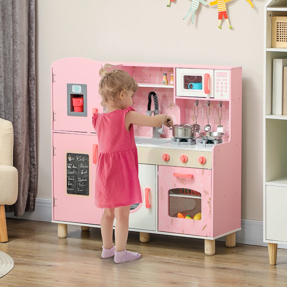 image 1 of AIYAPLAY Toy Kitchen, Pretend Role Play Kitchen, Kids Kitchen Set with Lights and Sounds, Double Stoves, Ice Maker, Chalkboard, Microwave, Oven, Sink, 5 Accessories, Pink