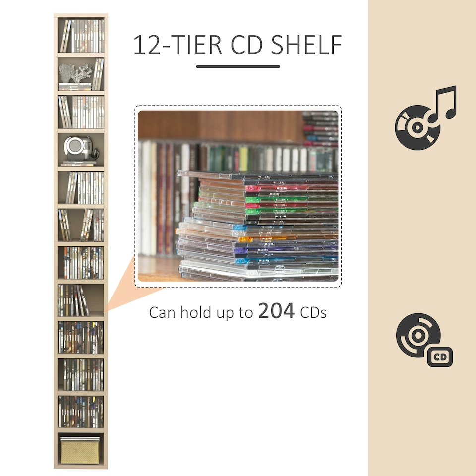 image 1 of HOMCOM 204 CD Storage Tower Tall Bookcase Bookshelf with 12 Cubes Oak Tone