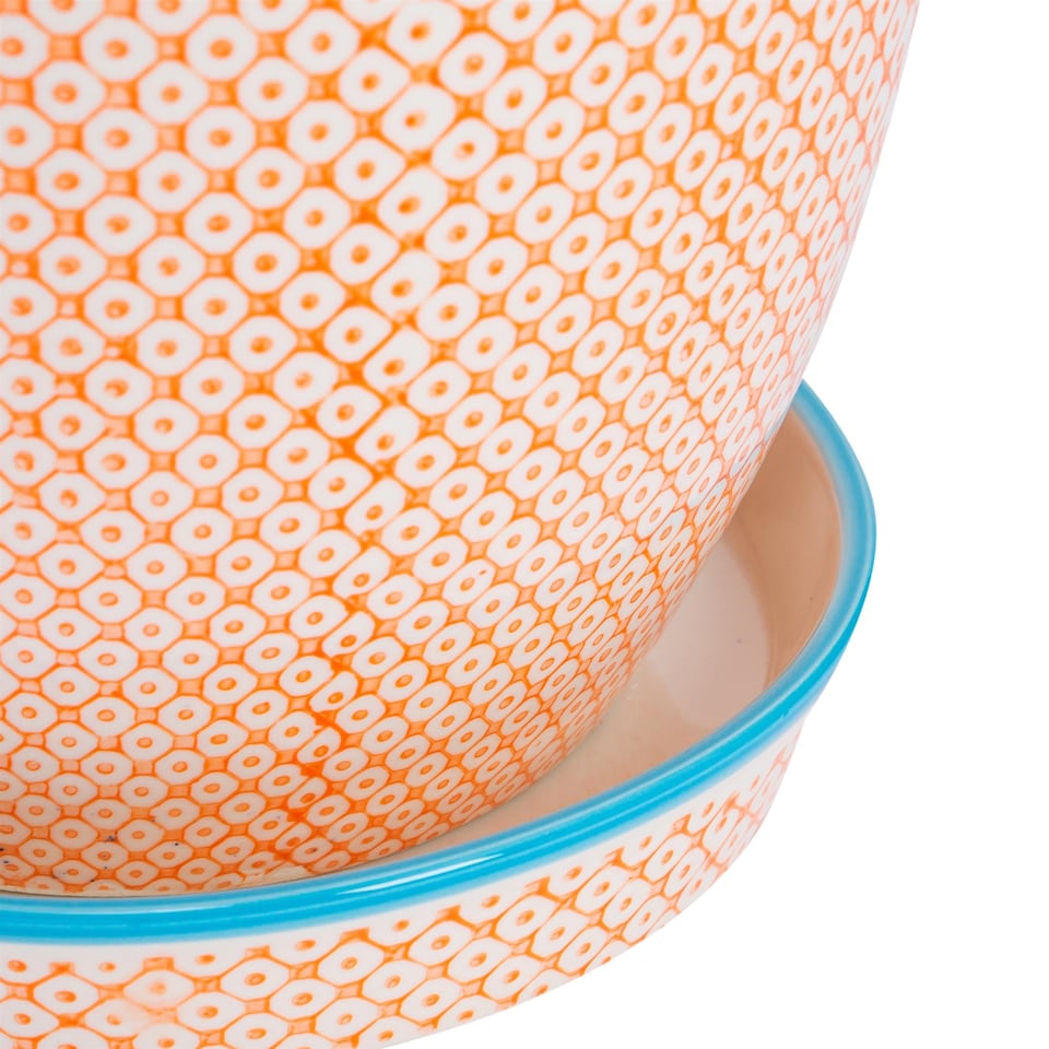 image 1 of Nicola Spring Hand-Printed Plant Pot with Saucer - 20.5cm - Orange | Orange | Orange / Blue