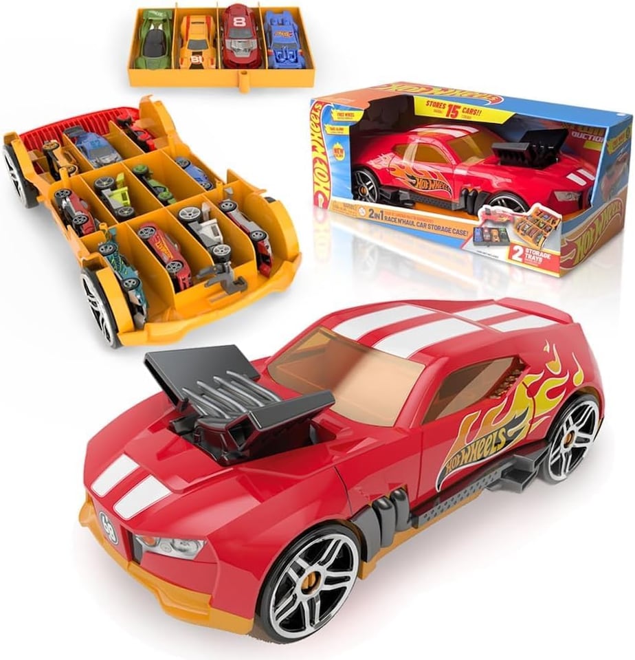 image 1 of Hot Wheels NEW Car Storage 2in1 Race N' Haul free wheel Car Storage case with Retractable Handle - Stores up to 15 cars (cars not included) | Red