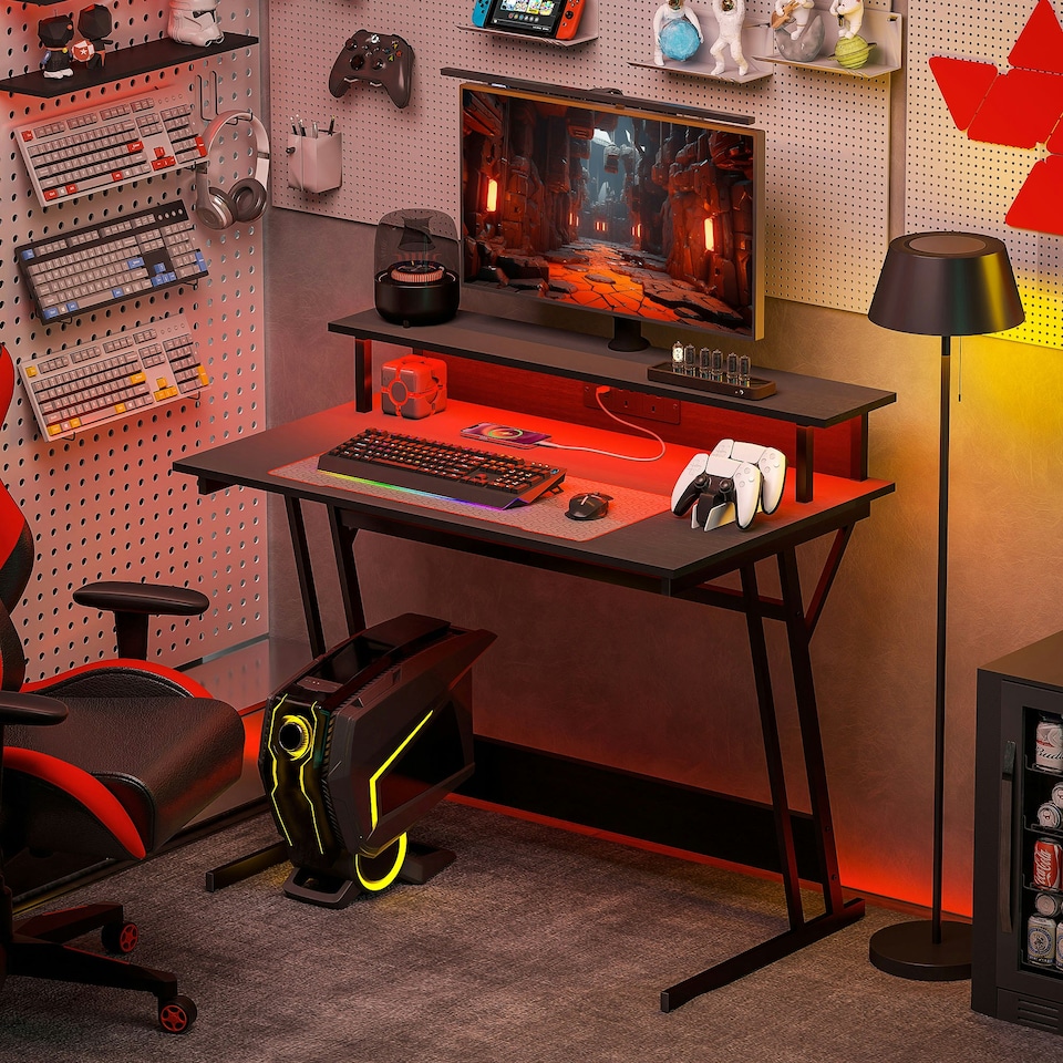 image 1 of HOMCOM LED Gaming Desk with Power Outlets and Monitor Stand 100 x 60cm Black
