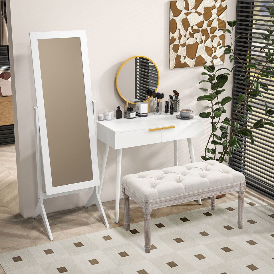 image 1 of HOMCOM Modern Dressing Table with Round Mirror, Makeup Vanity Table with 2 Drawers for Bedroom, Living Room, 80 x 40 x 123 cm, White