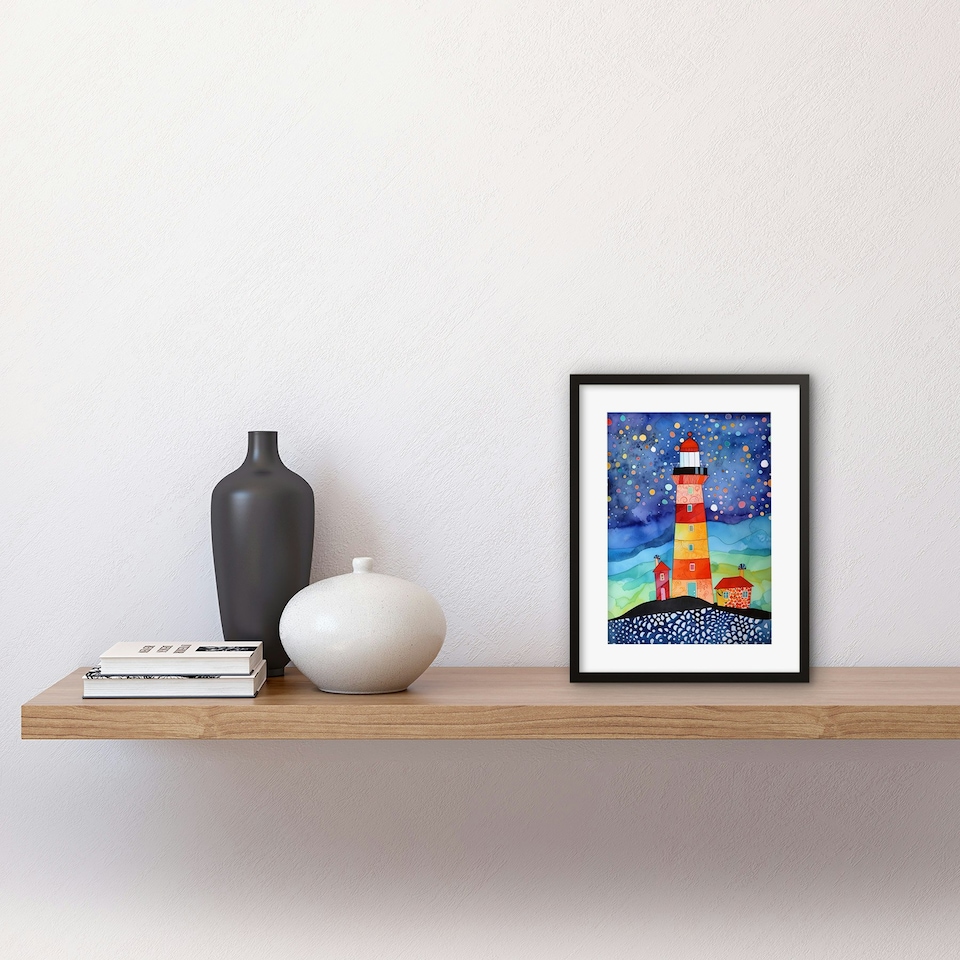 image 1 of Lighthouse Starry Night Folk Art Watercolour Painting 9x7" Black Framed Wall Art Print