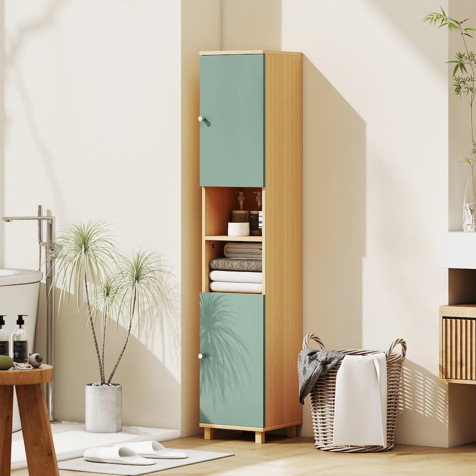 image 1 of HOMCOM Tall Bathroom Cabinet, Freestanding Slim Bathroom Storage Cabinet with 2 Doors, Adjustable Shelves and Open Shelves, 30 x 30 x 166 cm, Green