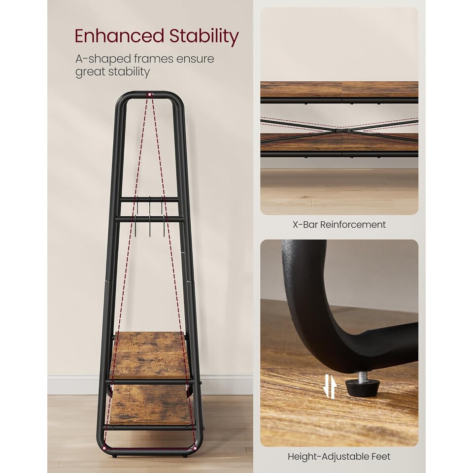 image 1 of Garment Rack with Shelves and Hooks, Bedroom Clothes Rail Storage Unit, Rustic Brown and Black