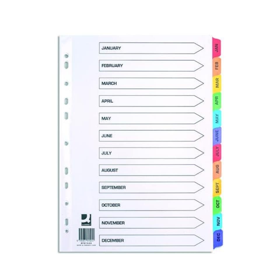 image 1 of A4 Pre-Printed Tabs Multi Punched January to December Reinforced Multi-Colour Index