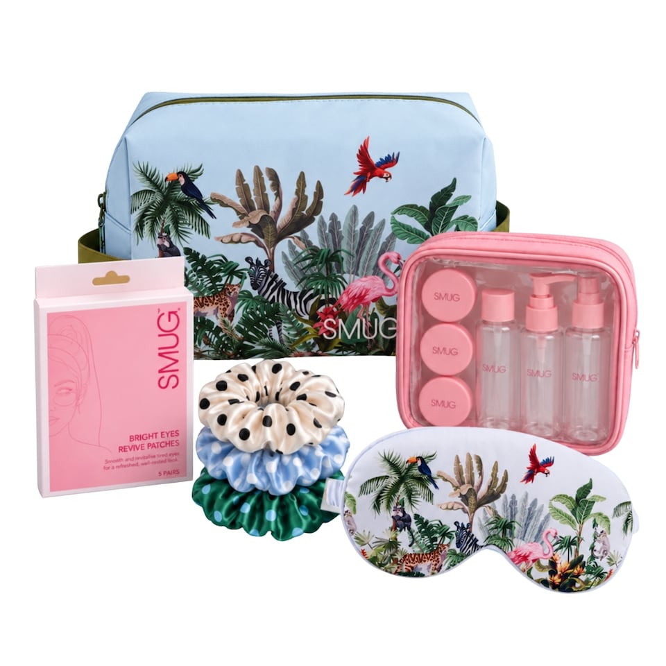 image 1 of SMUG Weekend Away Gift Set, Sleep Mask, Wash Bag, Travel Bottles, Eye Patches & Scrunchies - Jungle Print