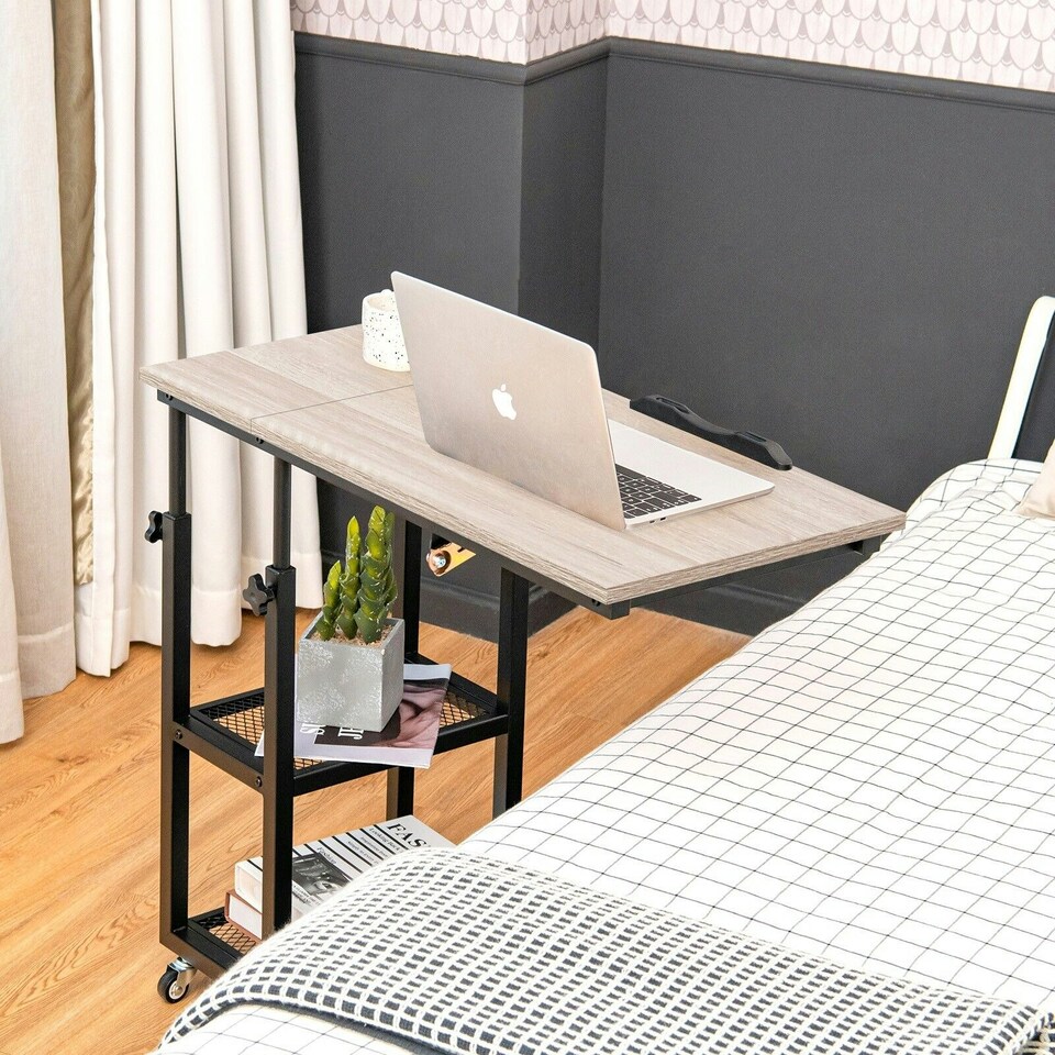 image 1 of COSTWAY Industrial Sofa Side Table Height Adjustable Rolling Natural Yellow