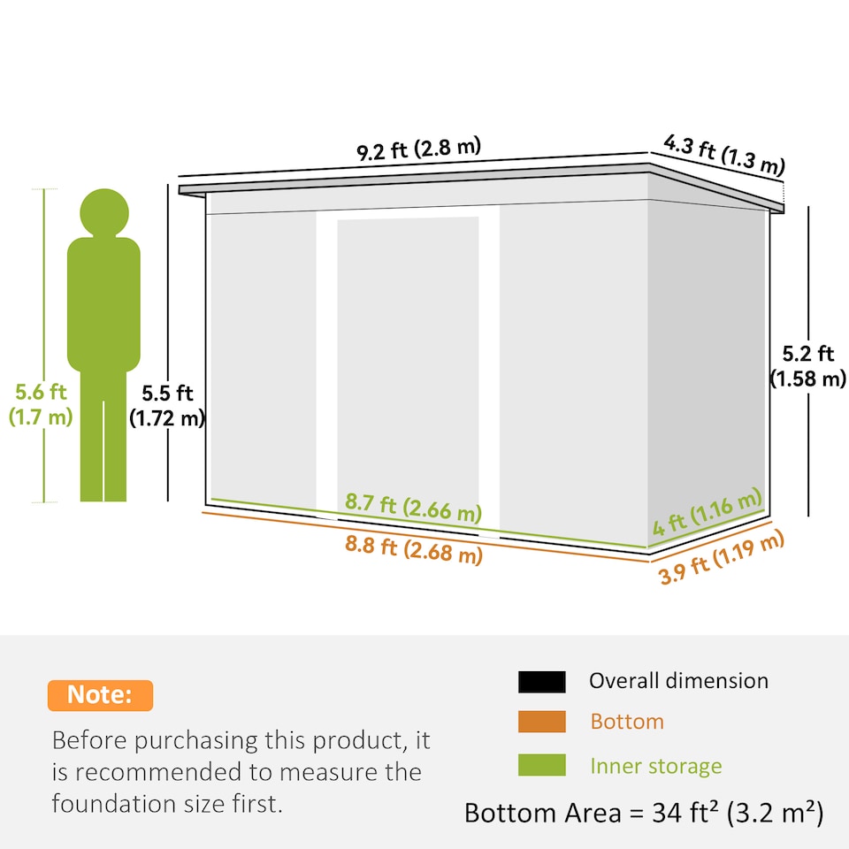 image 1 of Outsunny 9ft x 4ft Metal Garden Shed, Outdoor Tool House with Foundation Kit, Ventilations and Double Doors, Light Green