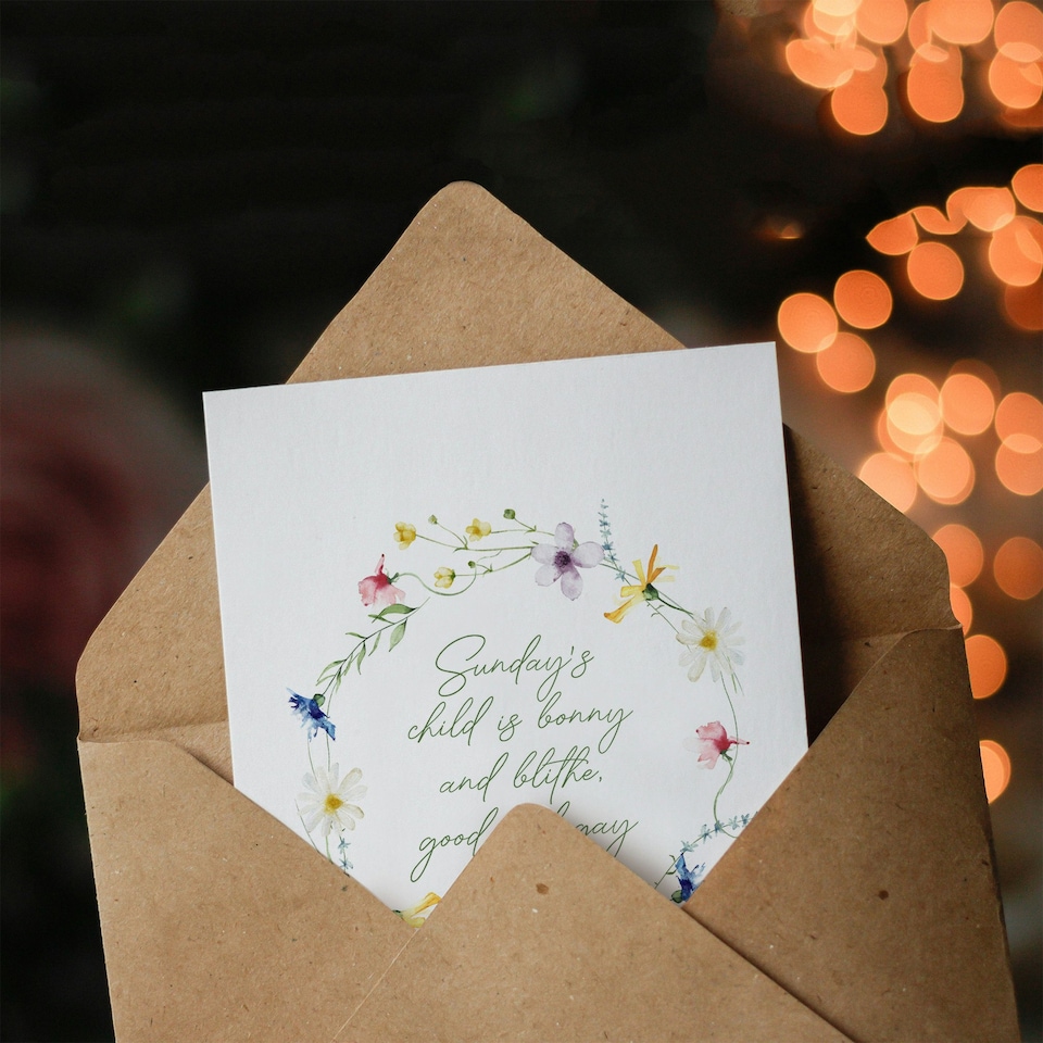image 1 of Sunday's Child is Bonnie and Blithe Floral Wreath New Baby Card