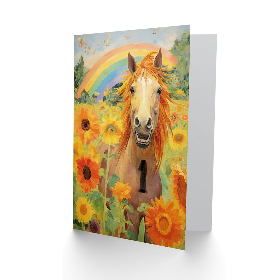 image 1 of Rainbow Sunflowers Kids Age Year 1 Old Horse Child Kids 1st Birthday Card