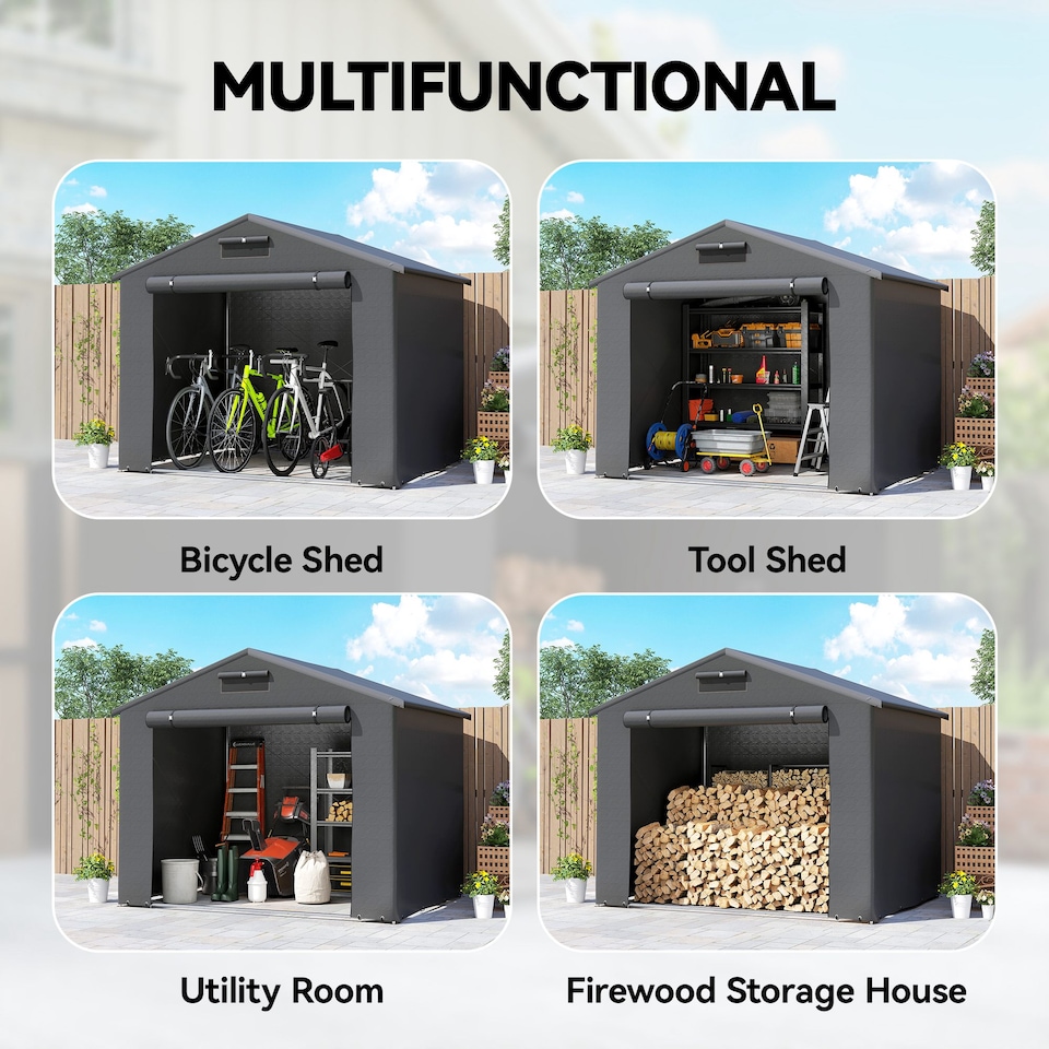 image 1 of Outsunny 8 x 6 ft Outdoor Garden Storage Shed, Waterproof Bike Tent with Vent and Roll-Up Zipper Door,Outdoor Portable Shed Storage Shelter  for Bikes, Dark Grey