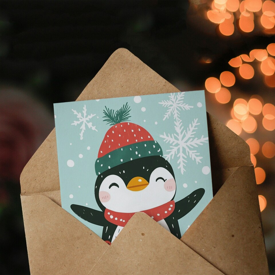 image 1 of Happy Penguin With Winter Hat And Presents For Child Kids Xmas Festive Christmas Card