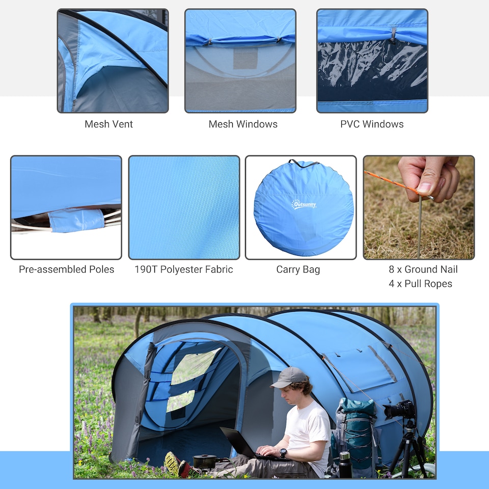 image 1 of Outsunny Camping Tent Dome Pop-up Tent with Windows for 3 Person Sky Blue