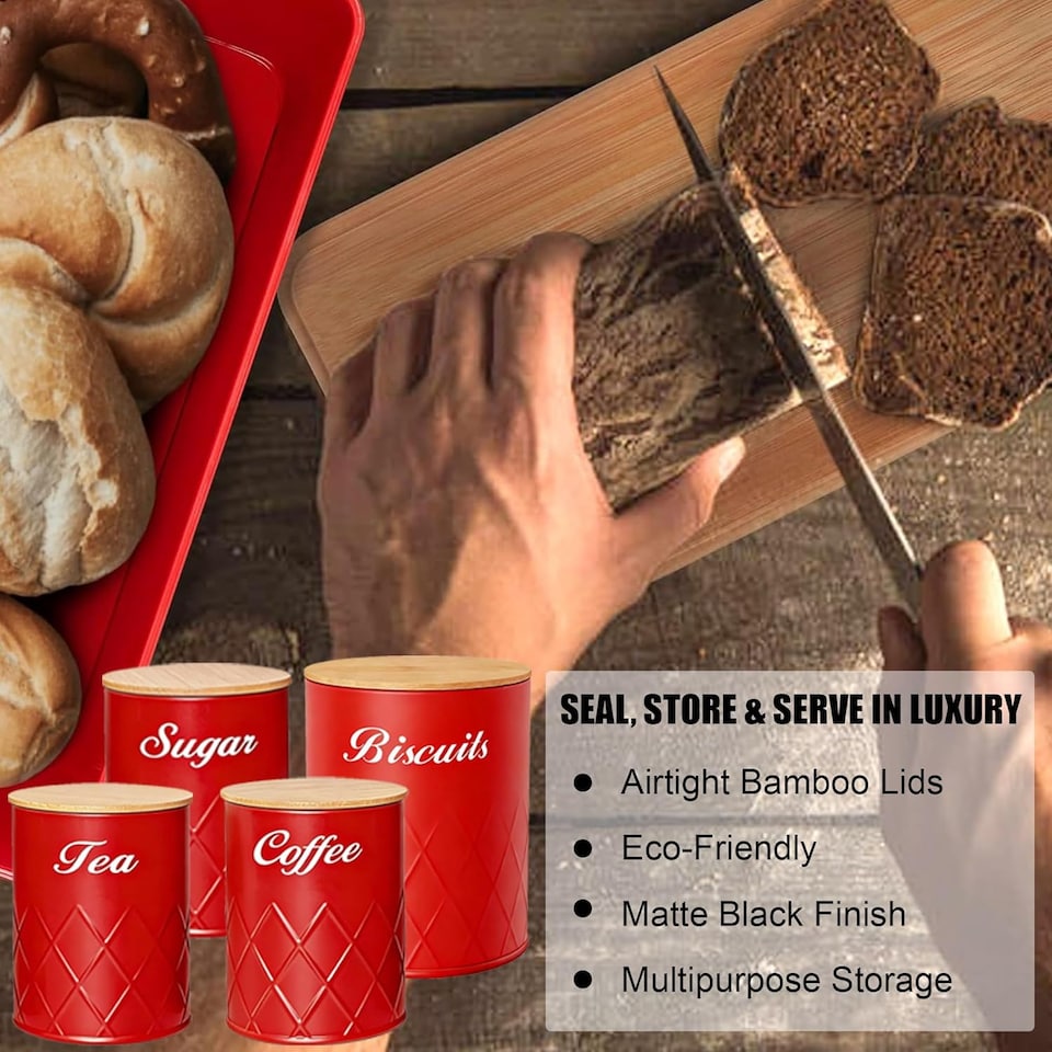 image 1 of 6Pcs Kitchen Storage Canister Jars with Can Opener Airtight Bamboo Lid Tea Coffee Sugar Bread Tins Set