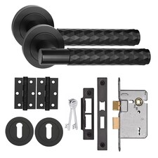 Golden Grace Knurled Diamond Cut T-Bar Bathroom Door Handle Set Matt Black with Ball Bearing Hinges